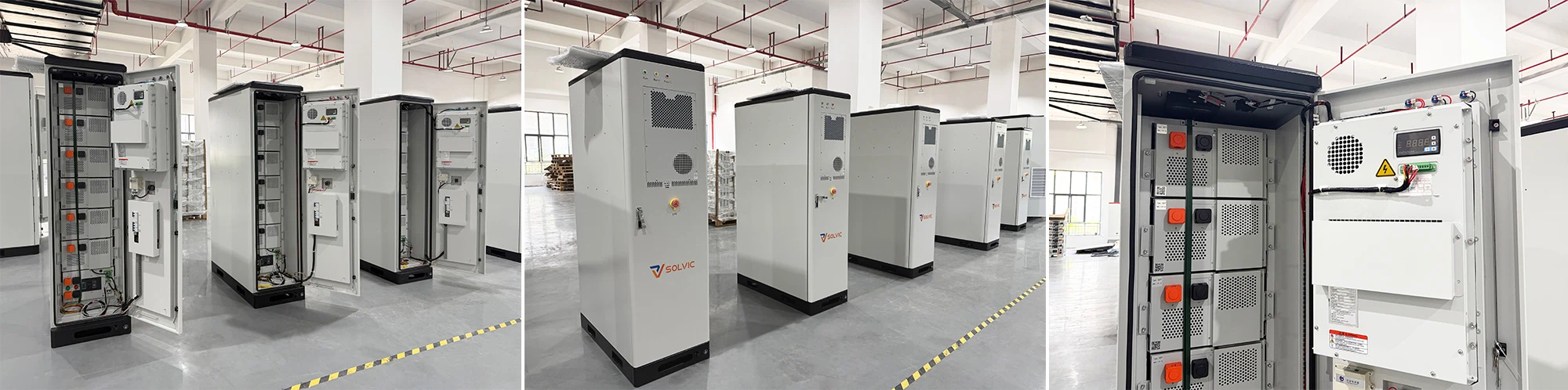 Solvic 64KWH 30KW outdoor battery cabinet real product photo – factory shot showing actual cabinet appearance, access doors, air cooling vents, and build quality for commercial energy storage installation